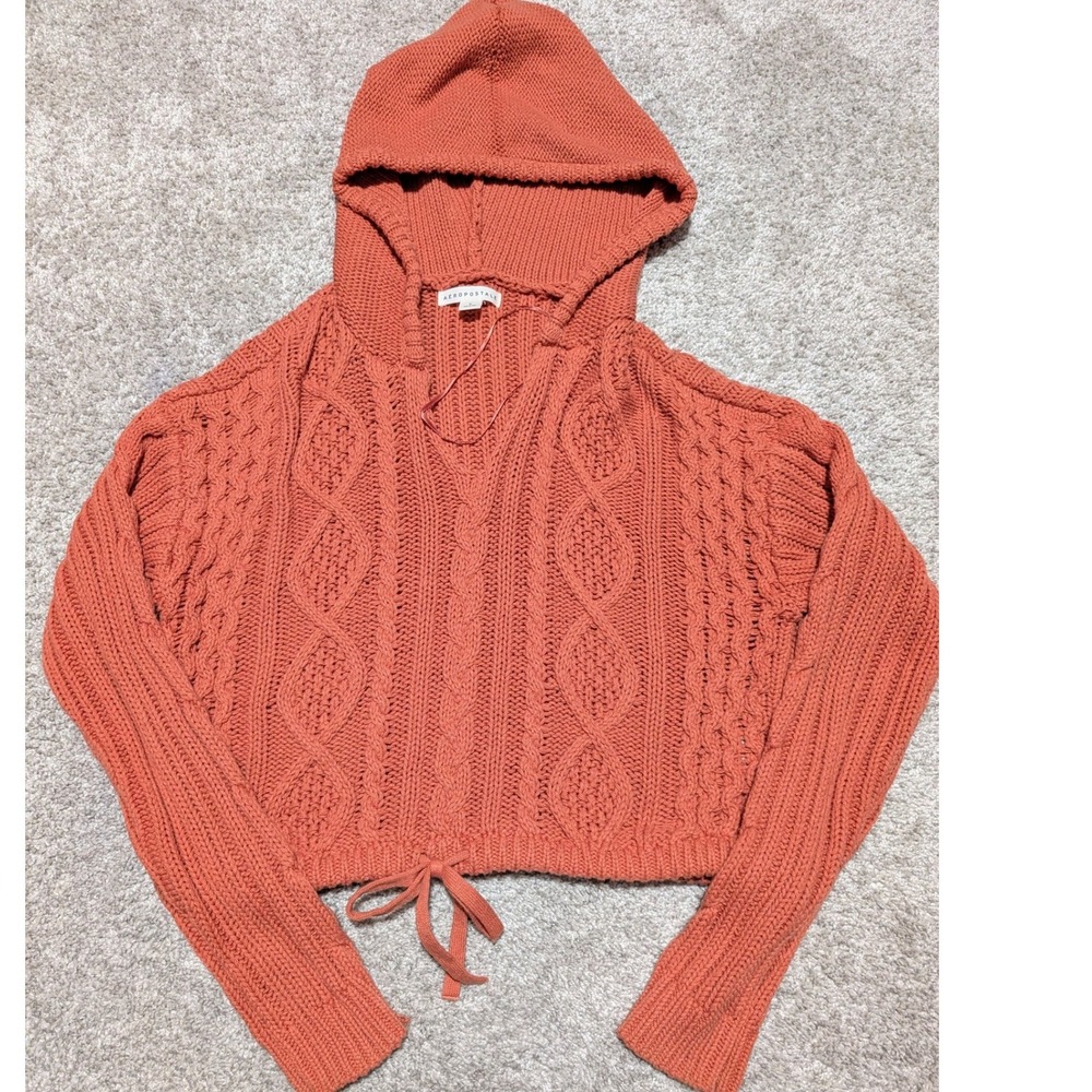 Aeropostale Cropped Cable Knit Hoodie Size S Coral Cold Shoulder Tie Y2K Waist